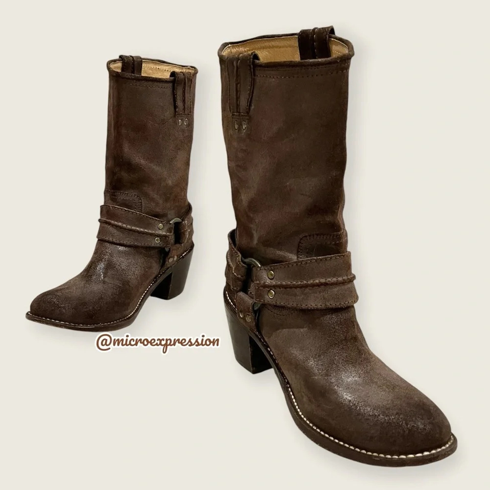 $379 Frye Carmen Harness Motorcycle Brown Leather Mid Calf Pull On Short Boot - Picture 5 of 13